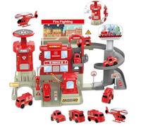 deAO Camion de Pompiers Jouet 2 Étages Dès 3 Ans - Caserne Garage avec Lumières et Sons, 3 Voitures et Hélicoptère, Jeu de Sauvetage et Cadeau Enfants