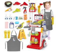 deAO Chariot de Nettoyage Enfant,Jouet de Ménage avec Balai,Serpillière,Chiffon et Accessoires,Aspirateur Jouet Éducatif,Kit Ménage Enfant pour Filles et Garçons 3-6 Ans(Rouge)