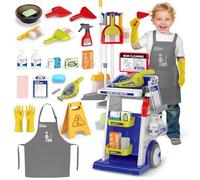 deAO Chariot de Nettoyage Enfant,Jouet de Ménage avec Balai,Serpillière,Chiffon et Accessoires,Aspirateur Jouet Éducatif,Kit Ménage Enfant pour Filles et Garçons 3-6 Ans(Bleu)