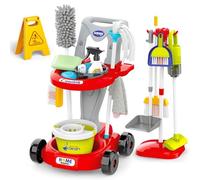deAO Chariot de Nettoyage pour Enfant, Nombreux Accessoires, avec Serpillière, Seau, Balai, Aspirateur, Brosses, Pelle, Balai à Main, Kit Chariot de ménage, Jeu de Rôle Jouet Ménager de 3 Ans+, Rouge