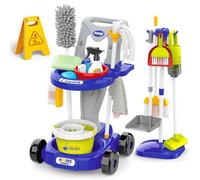 deAO Chariot de Nettoyage pour Enfant, Nombreux Accessoires, avec Serpillière, Seau, Balai, Aspirateur, Brosses, Pelle, Balai à Main, Kit Chariot de ménage, Jeu de Rôle Jouet Ménager de 3 Ans+, Bleu
