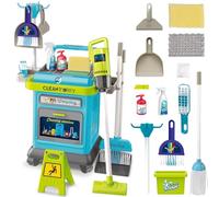 deAO Chariot de nettoyage pour enfants à partir de 3, 4, 5 ans, avec serpillère, seau, balayette, aspirateur, brosses, pelle à poussière, balayette, chariot de nettoyage, jeu de rôle, jouet ménager