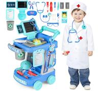 deAO Chariot Medical Enfant, Jeux Malette Docteur, avec Costume et Accessoires de Médecin avec Lumière et Son, Doctors Kids Medical Centre, Jeu de Rôle Médecin 3 4 5 6 Ans(Bleu)