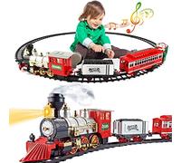 deAO Circuit De Train Électrique De Noël, Décoration De Sapin, 3+Ans | Locomotive Avec Brume, Lumières, Musique, Son Activable, 4 Wagons, Rails Droits Et Courbes Inclus, Montage Sans Outil