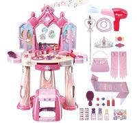 deAO Coiffeuse pour Enfant avec Tabouret Lumières Musique, Miroir Gestuel | Sèche-Cheveux Jouet, Accessoires Coiffure, Jeu de Rôle, Cadeau Idéal pour Filles, 82x61x28 cm, Kit de Maquillage dès 3 Ans