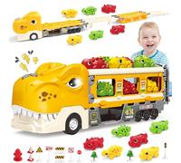 deAO Dinosaur Transporter Camion avec 6 Voitures - Jouets pour garçons 3-6 Ans | avec Son et Lumière, Fonctionnement à Piles (sans Piles) 6 Voitures de Course & Panneaux de signalisation | Cadeau