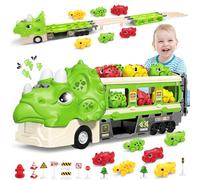 deAO Dinosaur Transporter Camion avec 6 Voitures - Jouets pour garçons 3-6 Ans | avec Son et Lumière, Fonctionnement à Piles (sans Piles) 6 Voitures de Course & Panneaux de signalisation | Vert