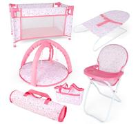deAO Ensemble 6 en 1 Accessoires Poupée Pliable Et Transportable,avec Chaise Haute,Tapis D'Éveil,Lit Poupon,Sac,Sièges Inclinables pour Bébé, Sacs De Voyage,Cadeaux pour Filles