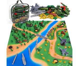 deAO Ensemble de Jeu Militaire, Guerre Terrestre Aérienne Maritime | 60 Soldats, Chars, Hélicoptères, Avions, Bateaux, Porte-Avions, Sous-Marin, Tapis de Bataille, dès 3 Ans, Solo ou Collectif