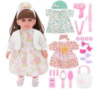 deAO Ensemble de Jouets de Poupée Bébé 36CM, Poupée aux Cheveux Longs avec Trois Tenues, Sac à Main et Accessoires de Toilettage, Habillage de Poupée Fille Cadeau pour Les Anniversaires et Noël