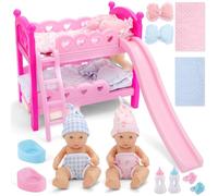 deAO Ensemble de Poupées Bébé Complet et Ludique : 2 Poupées en Vinyl Souple, Biberons Anti-gorgement, Literie Douillette, Lit Superposé avec Toboggan - Idéal pour Enfant de 3 Ans+, Jeu d'imagination