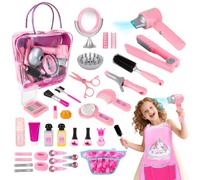 deAO Ensemble De Salon De Beauté pour Filles 35 Pièces, Mode Jeu De Simulation De Coiffeur avec Sèche-Cheveux, Miroir, Fer À Friser Et Autres Accessoires Kit De Maquillage Simulé pour Enfant
