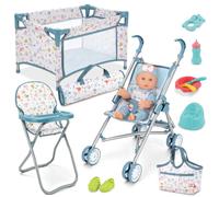 deAO Kit 5 en 1 Accessoire Poupée Pliable Et Transportable avec Poupée Bleu | Nursery Poupée Accessoires avec Chaise Haute, Poussette, Lit Poupon, Sac Et Bébé Alimentation, Cadeaux pour Filles