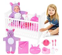 deAO Kit Accessoire Bébé Poupées avec 14”Poupée, Lit de Poupée, Vêtements | Kit d'alimentation et de Soins, Biberon Pot, Sucette et Bavoir, Accessoires pour Poupées Jeu de Rôle Enfant Cadeau