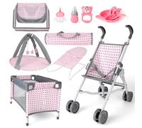 deAO Kit d'accessoires de Poupées 13 Pièces avec Poussette Pliable | Kit de Jeu de Rôle pour Chambre d'Enfant, Lit de Poupée, Tapis de Jeu, Transat Pliable, Sac de Voyage, Cadeaux pour Filles 3+
