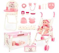 deAO Kit d'accessoires de Poupées -Accessoires pour Poussettes, Chaises de Salle à Manger, Berceaux, Sacs, Biberons, Couverts, -avec Poupées 30cm, Jeux de Rôle Jouets, Cadeaux pour Filles de 3 Ans +