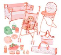 deAO Kit d'Accessoires de Poupées avec Poussette, Berceau et Chaise Haute