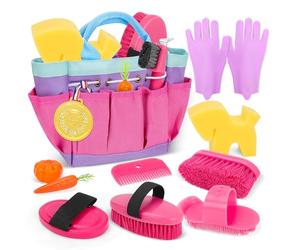 deAO Kit de Soins pour Chevaux avec Sac, Set de pansage de Chevaux pour Enfants, Accessoires avec Brosse, Gants, Brosse de Massage, Peigne à Crinière, Cure-Pied, éponge pour Chevaux (Rose)