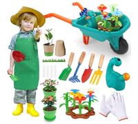 deAO Kit d'outils de Jardinage pour Enfants avec Jardinage Outils, Brouette | Jouets de Jardin avec Tablier avec Poches, Bêche, Râteau, Gants, Arrosoir, Pots de Fleurs, Jouets de Sable Jeu de Simulation