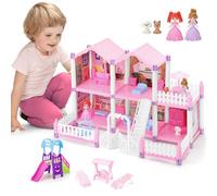 deAO Maison de Poupée avec 2 Princesses, Meubles et Accessoires, Maison de Poupée de Rêve Rose pour Petites Filles - 5 Pièces et 1 Terrasse et 1 Jardin, Cadeau pour Filles de 3 à 8 Ans, Rose