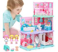 deAO Maison de poupées Dream House Princess Castle, Ensemble de Jeu pour Enfants, Maison de Poupées de 3 Pièces avec 3 Poupées, Meubles et Accessoires, Maison de Poupées Tendance, Cadeau pour Filles