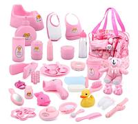 deAO Sac de 40 Accessoires de poupée avec de la Nourriture, des vêtements, Une Peluche, des Jouets de Bain, Une tétine et Bien Plus Encore - Super Set pour s’occuper de bébé !