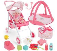 deAO Set Poussette pour Poupée de 30 cm avec 12 Poupées, Coffret de Jeu, 7 Accessoires avec Tapis de Jeu, Sac de Rangement, Ensemble des Jouets Poussette pour Filles de 3 4 5 6 Ans+,Cadeau, Rose