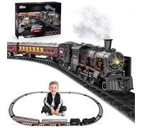 deAO Train pour Sapin de Noël, Train électrique Classique avec Rail Ovale | Vapeur Nostalgique, Plastique ABS, Locomotive + 3 Wagons avec LED, avec Vapeur et Son, Cadeau Parfait pour Enfants 3+, Noir
