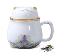 DEARART belle tasse à thé et couvercle filtre 300ml blanc porcelaine large bouche facile à nettoyer, garder le thé chaud, infusé feuilles mobiles sachet de thé, café, lait, chat mignon, blanc