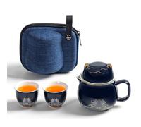 DEARART Magnifique ensemble de tasses à thé portable, tasse de 300ml,2 g et 2 tasses, large goulot facile à nettoyer, garde le thé chaud, infuseur de thé en vrac, chat mignon, bleu foncé