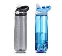 DEARART pack de 2 bouteilles d'eau de paille de 750ml sans Bisphénol a flip - up transparent avec poignée pour une portabilité facile pour la maison/bureau/voyage/école, Bleu clair & noir