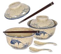 DEARBAG 2 Ensemble de Bols Ramen en Céramique, 800ml Vaisselle Japonaise avec Couvercle Baguettes et Cuillère, Bol en Céramique, Bol à Soupe Vintage pour Ramen, Pâtes, Salade, Céréales (A)