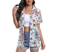 DEARCASE Femmes Manches Courtes Button Down Hawaï T-Shirts Soft Cool Floral Tropic Print V-Cou été Plage Tops T-Shirt, Medium Mix Flower White