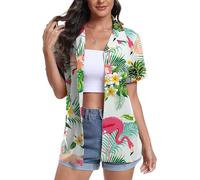 DEARCASE Femmes Manches Courtes Button Down Hawaï T-Shirts Soft Cool Floral Tropic Print V-Cou été Plage Tops T-Shirt, Small Bird Green Leaf