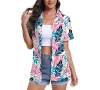 DEARCASE Femmes Manches Courtes Button Down Hawaï T-Shirts Soft Cool Floral Tropic Print V-Cou été Plage Tops T-Shirt, Large Mix Leaf White