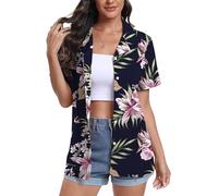 DEARCASE Femmes Manches Courtes Button Down Hawaï T-Shirts Soft Cool Floral Tropic Print V-Cou été Plage Tops T-Shirt, Small Purple Flower Navy