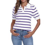 DEARCASE Femmes Manches Courtes col en v rayé t - Shirt été côtelé Tricot col Casual Slim Cute Basic t - Shirt Tops, Medium White Stripe Purple