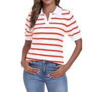 DEARCASE Femmes Manches Courtes col en v rayé t - Shirt été côtelé Tricot col Casual Slim Cute Basic t - Shirt Tops, Medium White Stripe Orange