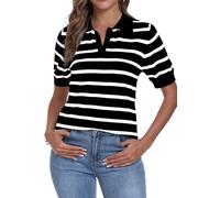 DEARCASE Femmes Manches Courtes col en v rayé t - Shirt été côtelé Tricot col Casual Slim Cute Basic t - Shirt Tops, Medium Black Stripe White