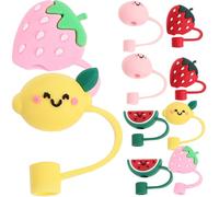 DEARMAMY 10 pièces Couvercles de Pailles Silicone Lot de Embouts Anti-poussière Fruités Réutilisables Protection pour Fêtes Garçon Fille et Usage Quotidien