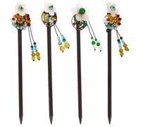 DEARMAMY 4pièces Bâtons à Cheveux Chinois Bois Avec Pompons Et Fleurs Pour Chignon Épingle à Cheveux Pour Femmes Et Adolescentes Accessoire Élégant Pour Longs