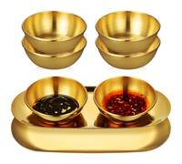 DEARMAMY 6 pièces Lot de Petits Bols à Sauce Inox avec Plateaux Ovales Dorés Coupelles Apéritif Résistantes Chaleur pour Sauces Sushis et Condiments Service Maison et Buffet