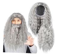 DEARMAMY Barbe de Perruque Grise Longue pour Halloween et Cosplay Accessoire de Réaliste avec Perruque et Barbe Amovible