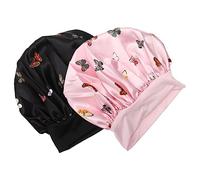 DEARMAMY Bonnet De Nuit Satin 2 Pièces Grosse Taille Protections Cheveux Femmes Usage Sommeil Maquillage Ménage Couleur Rose Et Noir