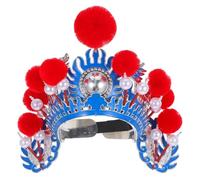 DEARMAMY Chapeau d'Opéra de Pékin Traditionnel Mixte Casque de Théâtre Réglable Accessoires Déguisement Bleu Pompon Rouge Coiffure Culturelle pour Spectacles et Fêtes