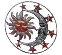 DEARMAMY Décoration Murale Extérieure et Intérieure en Fer Forgé 29x29 Cm, Ornement Suspendu Soleil Lune Marron, Applique Murale Résistante aux Intempéries pour Jardin et Patio