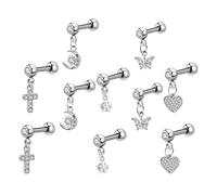 DEARMAMY Ensemble 10 Boucles D’Oreilles à Clous en Acier Inoxydable Hypoallergénique pour Cartilage, Motifs Croix Lune Étoile Cœur, Bijoux Piercing Minimalistes Femme, Accessoires Boucles
