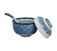 DEARMAMY Ensemble 2 Pièces Bol à Soupe Japonerie en Céramique avec Couvercle Grand Bol Ramen Intégré avec Cuillère Design Ondulé Traditionnel