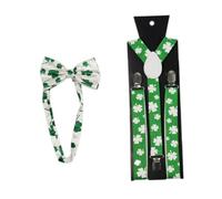 DEARMAMY Ensemble Cravate et Bretelles Trèfle pour Saint-Patrick 3 Clips Croisés Tissu Jacquard Vert Taille Unique Accessoires de Fête Déguisement Décoration Festive