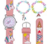 DEARMAMY Ensemble Montre-Bracelet pour Fille Mouvement à Quartz Bracelet Silicone Arc-en-Ciel Bracelet Perles Cœur Arc-en-Ciel et Pendentif Licorne Coffret Présent Anniversaire